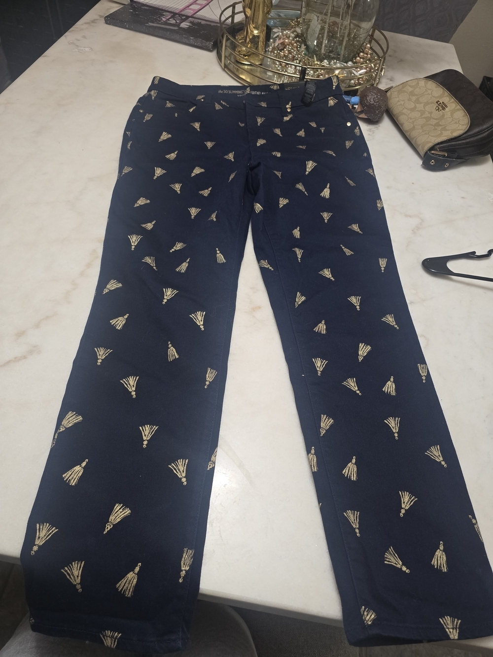 Chico's Navy Cropped Jeans with Gold Tassel Motif